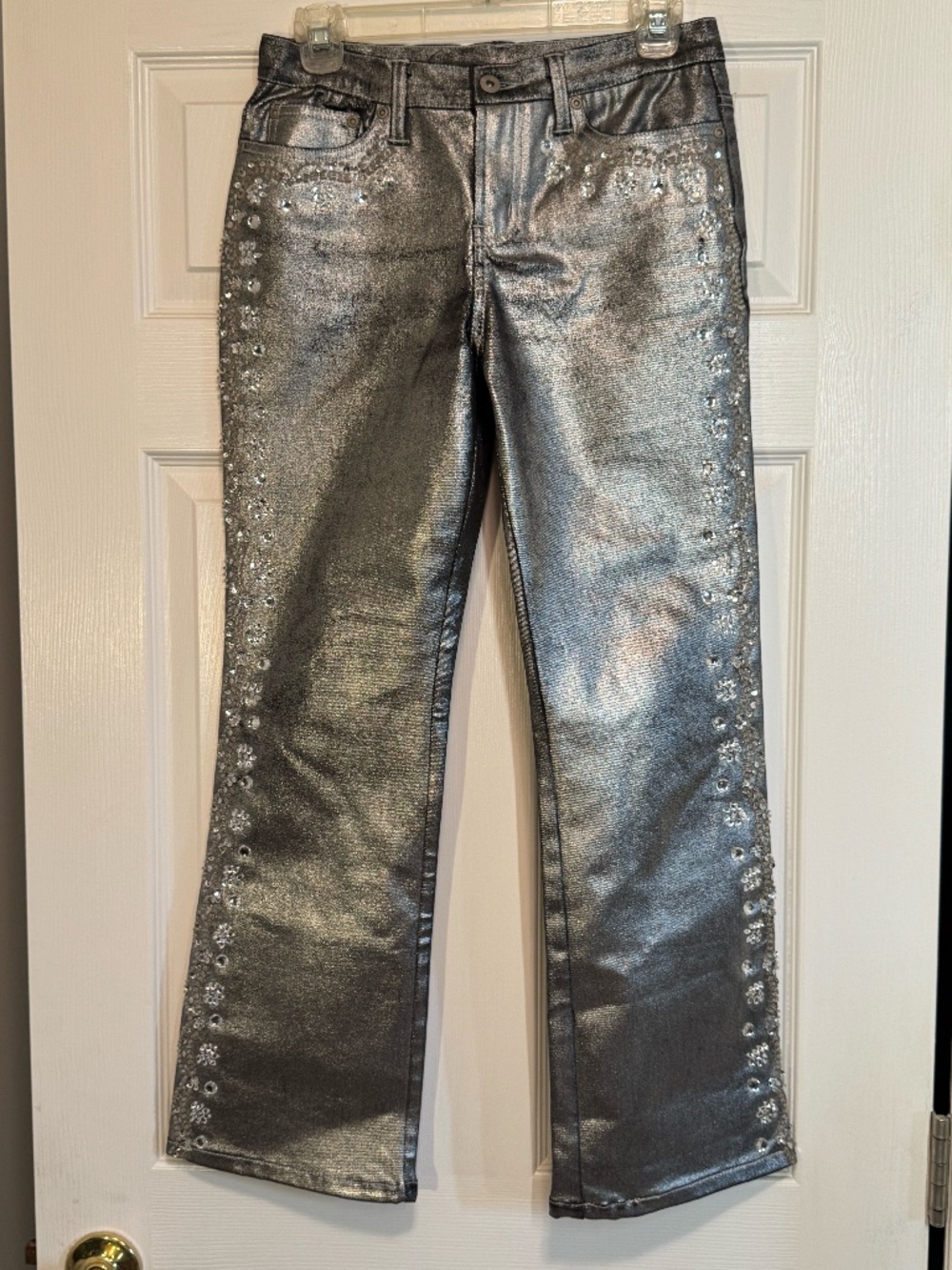DG2 Size 2P Metallic Silver Embellished Straight Leg Jeans Glam Denim